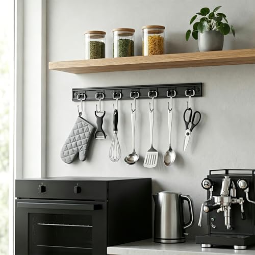 Cociat 2PCS Utensil Racks with 8 Hooks 17 Inch Kitchen Utensil Holders Hanging Utensil Rack Multifunctional (17 inch) - color: BLACK, size: 17 inch & 8 hooks
