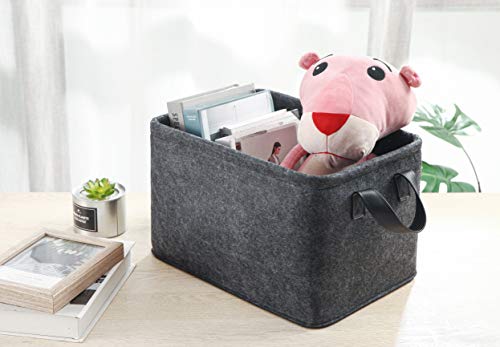 Collapsible Storage Bins Foldable Felt Fabric Storage Basket Organizer Boxes Containers with Handles PU Handles for Nursery Toys,Kids Room,Clothes,Towels,Magazine (PU-Dark grey, 15.9L×11W×9.8H) - color: PU-Dark grey, size: 15.9L×11W×9.8H