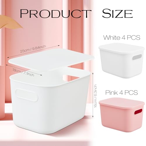 Hoolerry 8 Pieces Colorful Storage Bins with Lid, Plastic Storage Basket Organizing Container Stackable Box with Handle for Shelves Desktop Playroom Office(9.8 x 7.1 x 6.3 Inch,White and Pink) - color: White and Pink, size: 9.8 x 7.1 x 6.3 Inch