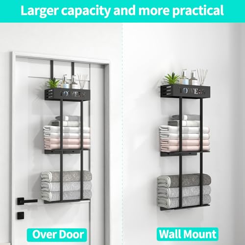 Over The Door Towel Rack, 3 Tier Hanging Towel Rack for Bathroom Stainless Steel, Over Door & Wall Mounted Towel Holder with Shelf Basket, Towel Storage for Small Bathroom, Black - color: Black - Over Door