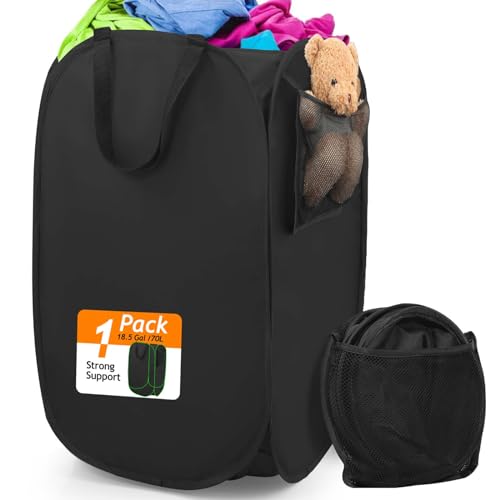 Upgraded Polyester Pop-up Laundry Hamper, 70L(18.5 Gal) Quality Laundry Basket with Durable Handles Solid Bottom High Carbon Steel Frame and Side Pocket, Easy to Open and Fold Flat for Storage - color: Black, size: 1-Pack