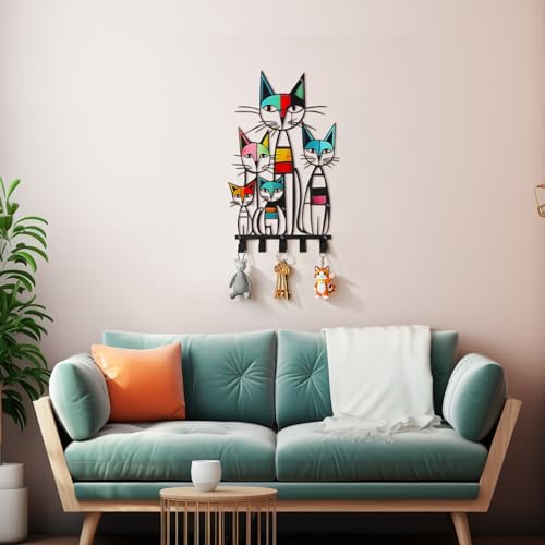 Mid Century Wall Mounted Coat Rack with 5 Hooks Retro Colorful Cat Wall Art Decor Decorative Black Metal Hanger for Coats, Hats, Bags, Keys, Towels for Home, Bathroom, Office (Classic) - style: Classic