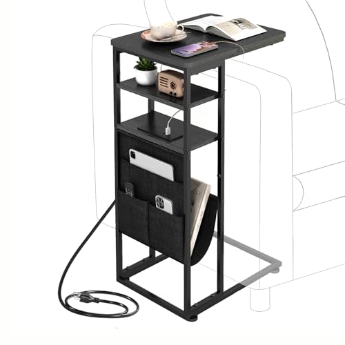 C Shaped End Table with Charging Station, 28"(H) 3-Tier C Table with Storage Bag, Under Couch Table C-Shaped End Table with Storage Shelves and Bag for Living Room, Bedroom, or Office - color: Black, size: Wood--with Socket