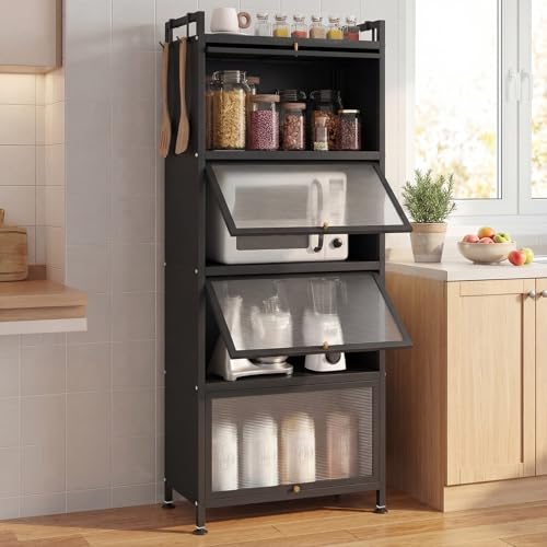 Giantex 5-Tier Kitchen Storage Cabinet, Mobile Microwave Stand with Flip-up PC Doors, Freestanding Kitchen Bakers Rack with 4 Rolling Casters, for Dining Room, Living Room and Study, Black - color: Black