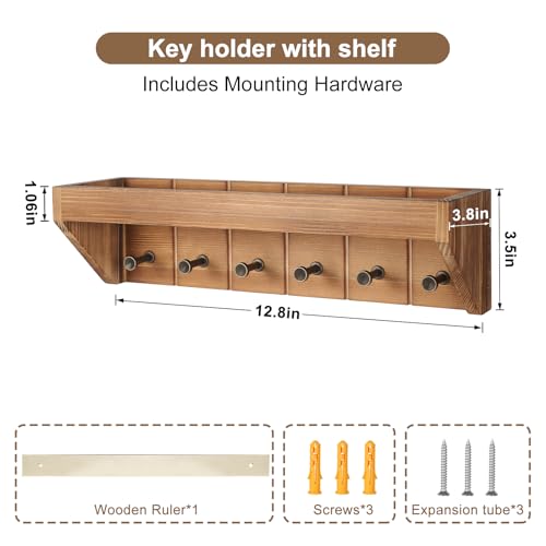 Key Holder for Wall with Mail Organizer - 12.8 Inch Wall Mounted Key Rack with 6 Key Hooks & Floating Shelf, Wooden Key Hanger for Entryway, Hallway, Kitchen, Farmhouse Home Decor (Brown)