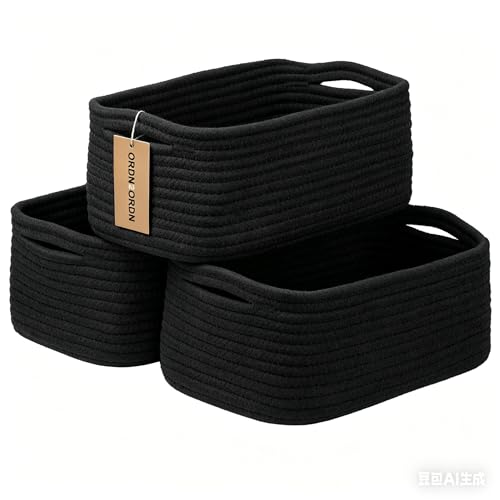 Small Storage Baskets for Organizing, Woven Storage Bins for Shelves, Gift Basket Empty, Baby Rope Basket, Dog Toy Storage, Cute Decorative Closet Organizer, 13.2x8.2x5.2”, 3Packs Black - color: Black, size: M