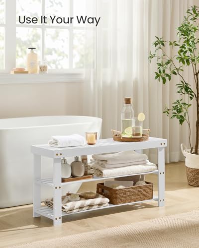 SONGMICS Shoe Rack Bench, 3-Tier Bamboo Shoe Storage Organizer, Entryway Bench, Holds Up to 286 lb, 11.3 x 35.4 x 17.8 Inches, for Entryway Bathroom Bedroom, Cloud White ULBS090W01 - color: Cloud White, size: 35.4"W