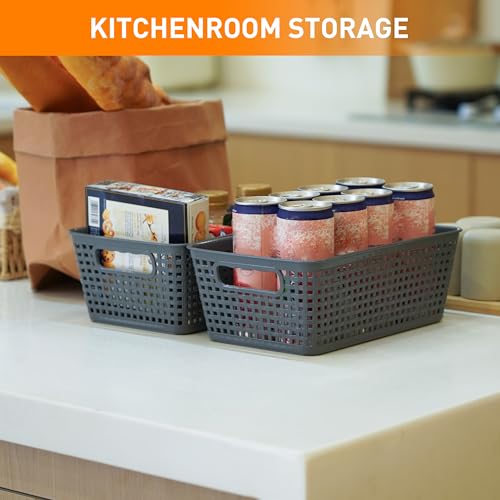 Plastic Storage Baskets With Lid, Storage Bins for Organizing, Stackable Decorative Containers for Shelves Drawers Desktop Closet Playroom Classroom Office, 6 Pack-Grey - color: Grey, size: 6 Pack