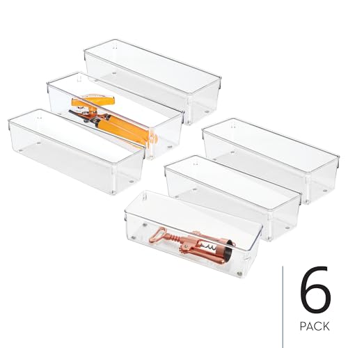 iDesign Plastic Drawer Organizer Bins - Storage for Kitchen, Bathroom, and Desk Drawers - Set of 6 - Clear - size: 4 x 12 x 3, style: Pack of 6