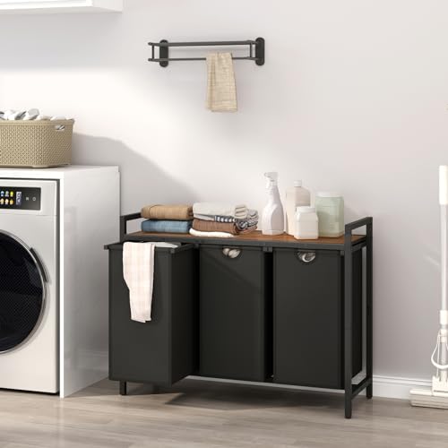 Laundry Hamper, Two -Color 3 Section Laundry Basket with 3 Removable Laundry Sorter Bags and Top Shelf, Clothes Hamper for Laundry Room, Bathroom - style: 3bags-Black Walnut