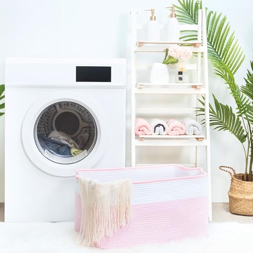 MINTWOOD Design 22in Extra Large Blanket Basket Holder Living Room, Rectangle Rope Woven Storage Basket with Handles for Laundry, Pool Towels, and Shoes, Dog Toy Organizer Bin Box, Light Pink - color: Light Pink
