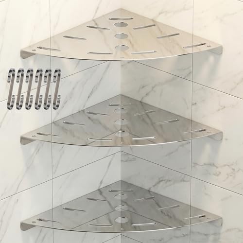 3 Pack Corner Shower Shelves, 304 Stainless Steel Corner Shelf Bathroom with 6 Hooks 40 lbs Heavy Duty, Durable for Inside Shower Brushed Nickel Drilling Installation（Silver - color: Silver Thickness 1mm 3pcs