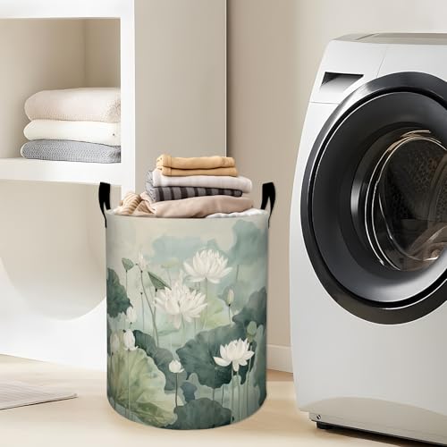Elegant White Lotus Green Leaves Laundry Basket with Handles, 19.7"x15.7" Clothes Foldable Laundry Hamper Organizer for Dorm Nursery Bedroom Bathroom Decor, Toy Storage Bin for Kids - style: Lotus26