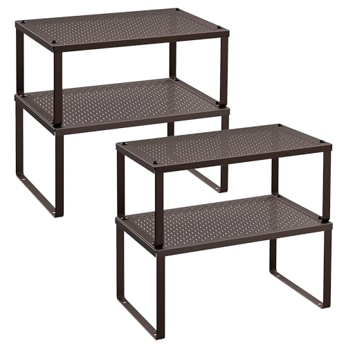 SONGMICS Spice Racks, Set of 4 Metal Cabinet Shelf Organizers, Countertop Organizers, Shelf Risers, Stackable, Expandable, Brown UKCS06BR - color: Brown