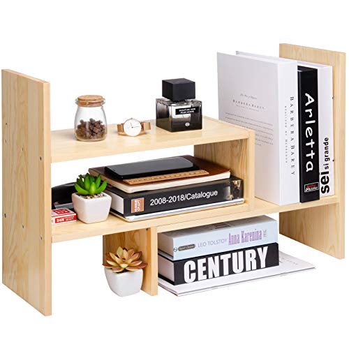 VERGOODR Desktop Organizer Office Storage Rack Adjustable Natural Wood Display Book Shelf Stand Rack Wood Caddy Desk Organizer Set Office Storage Expandable Tabletop - color: Beige