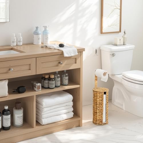 StorageWorks Wicker Water Hyacinth Freestanding Toilet Paper Holder Stand with Storage, Farmhouse Covered Toilet Paper Stand for 4 Rolls with Cloth Lining, Tissue Holder for Bathroom Decor with Shelf - color: Natural（water Hyacinth）, size: 6¾"D(For 4 Roll