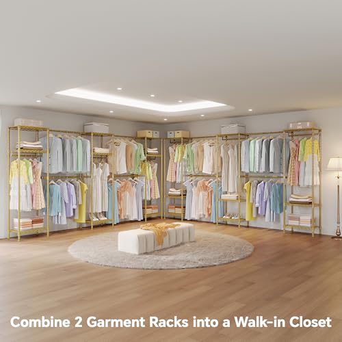 Higeego Large Clothes Rack, Clothing Rack for Hanging Clothes, Heavy Duty Garment Rack, Freestanding Wardrobe Closet with Extendable Hanger Rods, Width from 7.8 to 10.8 ft, H11 Gold - color: Gold, style: 5 Row
