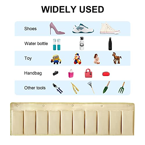 RVZONE RV Shoe Pockets 10 Pockets Heavy Hanging Bedside Storage Organizer with Sturdy Hooks Storage Pockets Hangs on bed for Shoes Toys and Tool Accessories - color: Beige
