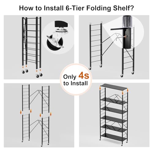 Himix 6 Tier Foldable Storage Shelves, Expandable Folding Bookshelf with Wheels, Changeable into 2 Shelf Units, Collapsible Adjustable Storage Rack Metal Shelves for Garage, Kitchen, Black - color: Black, size: 6-Tier