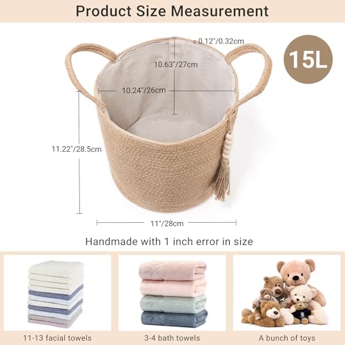 Mkono Woven Storage Basket Decorative Natural Rope Basket Wooden Bead Decoration for Blankets,Toys,Clothes,Shoes,Plant Organizer Bin with Handles Living Room Home Decor (Brown, 28 x 28cm) - color: Brown, size: 11"W x 11"L