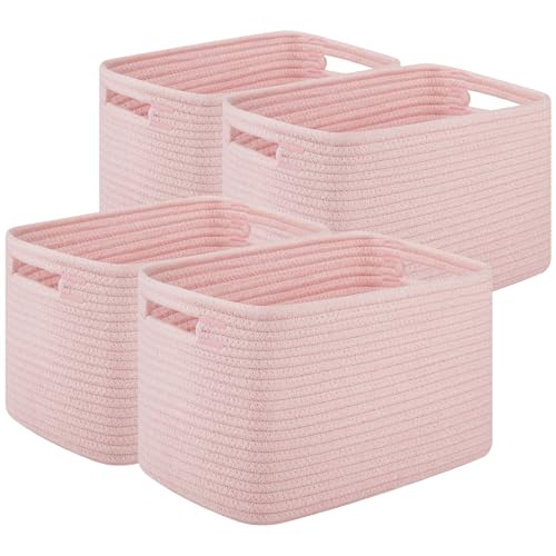 OIASKET Storage Baskets for Organizing, Woven Decorative Baskets for Shelves - Books, Towels, and Clothes, Cotton Rope Toy Storage Bins, 12.7''Lx9''Wx7.8''H, Pack of 4, Pink - color: Pink