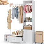 PatioPerk Closet System,Closet Organizer with Hanging Rods & Storage Shelves,Wardrobe Clothes Rack with Drawers and coat tree, Modern Garment Rack for Dressing Room, Hallway, White
