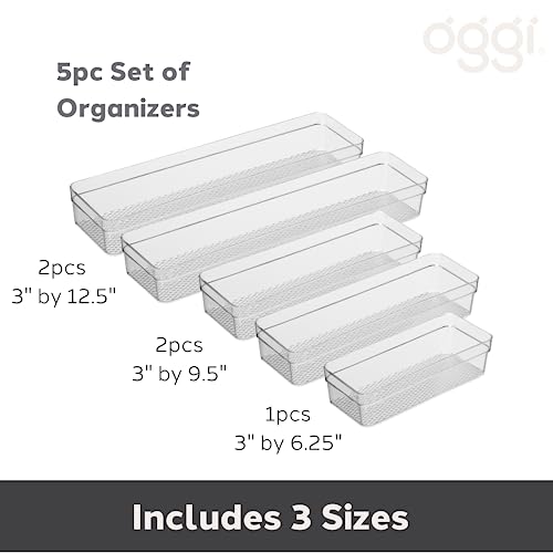 Oggi Set of 5 Clear Drawer Organizers - (1) 3x6.25, (2) 3x9.5, (2) 3x12.5 - Ideal for Organizing Kitchen Drawers, Office, Desk, Silverware, Kitchen Utensils, Cosmetics and Bathrooms - size: Set of 5