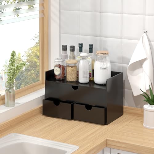 Bamboo Desk Organizer with Drawers Desktop Storage Drawers for Bills Office Supplies Kitchen Utensils Organizing Tool for Home Classroom Organization No Assembly (Black with Shelf) - color: Black with Shelf