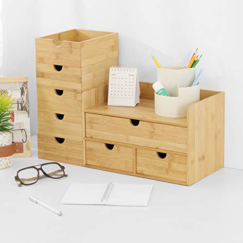 Wisuce Bamboo Desk Drawer Organizer, Desktop Organizer with Drawers Tabletop Storage Organization Box for Office Home Toiletries Supplies Vanity, No Assembly Required(2 Drawers) - style: 2 Drawers