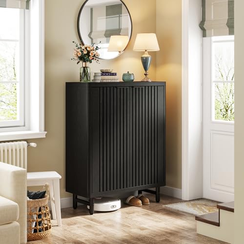 Tribesigns 6-Tier Shoe Cabinet with Shutter Doors, Large Wooden Shoe Organizer Rack with Adjustable Shelves, Modern Farmhouse Hidden Storage Furniture for Entryway, Hallway (Black) - color: Black
