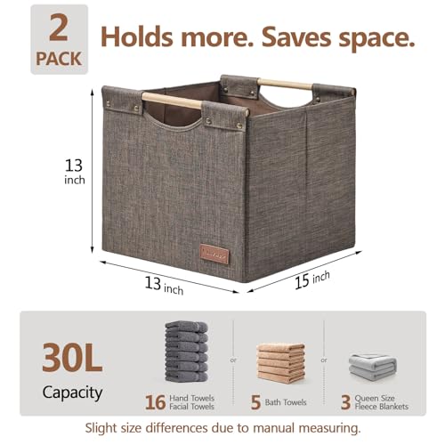 KAKAMAY Collapsible Cube Storage Bins 15x13x13 Inches Brown 2-Pack, Foldable Storage Organizer Wooden Handles Fabric Baskets for Living Room Shelves, Bedroom Nursery Closet Toys, Clothes, Laundry - color: Brown
