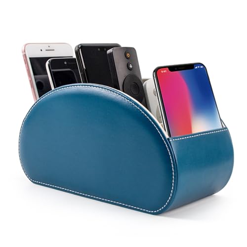 Remote Control Holders Organizer Box with 5 Compartment PU Leather Multi-functional Office Desk Storage Caddy Store Tv Remote for Media Player,Brush,Pencil,Glassees&Office Supplies (peacock blue) - color: Peacock Blue, size: M