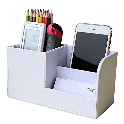 KINGFOM Desk Organizer Office Supplies Caddy Pu Leather Multi-function Storage Box Pen/Pencil,Cell phone, Business Name Cards Remote Control Holder White - color: S-white