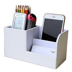 KINGFOM Desk Organizer Office Supplies Caddy Pu Leather Multi-function Storage Box Pen/Pencil,Cell phone, Business Name Cards Remote Control Holder White - color: S-white