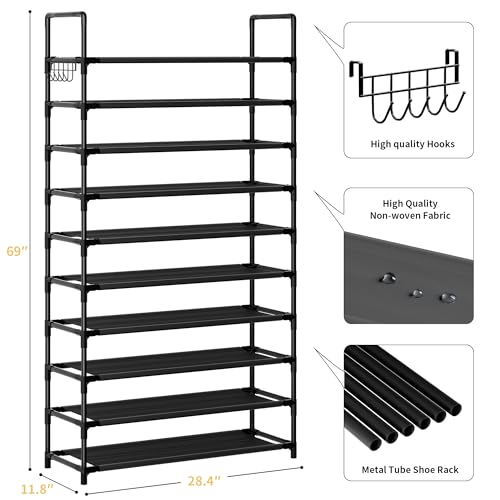 Shoe Rack, 10 Tier Shoe Storage Organizer with Hooks,Fit 40-45 Pairs Shoes,Nonwoven Fabric Tall Shoe Shelf for Closet,Entryway, Hallway,Garage,Bedroom,Cloakroom - color: Nonwoven Fabric, size: X-Large