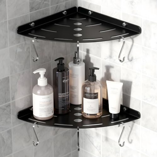 2 Pack Corner Shower Shelves, 304 Stainless Steel Corner Shelf Bathroom with 6 Hooks 40 lbs Heavy Duty, Durable for Inside Shower Brushed Nickel Drilling Installation(Black) - color: Black Thickness 1mm 2pcs