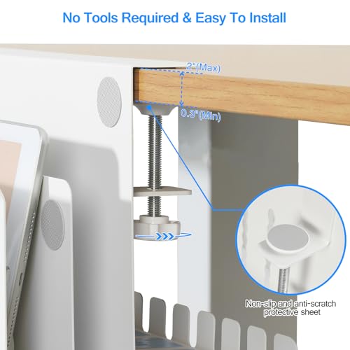 MAXECHO Desk Side Storage, Under Desk Laptop Mount, Table Side Hanging File Organizer, No Drill Clamp On Cable Management Tray, Laptop Holder with Magnetic Pen Holder for Office and Home, Load 22 Lbs - color: White, size: Double-deck with Pen Holder & Cab