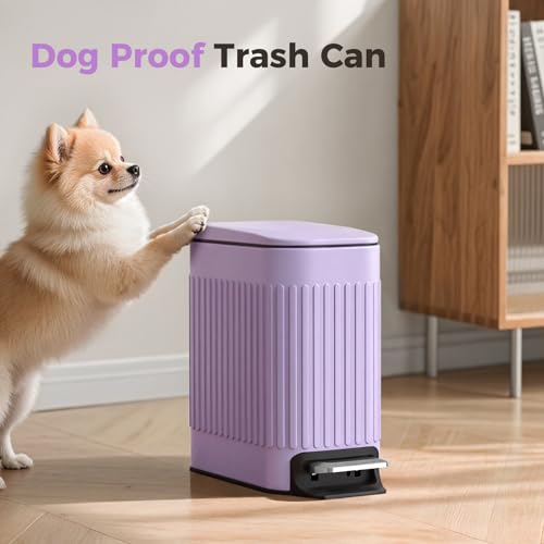 TrashAid Slim Bathroom Trash Can with Lid Soft Close, 6 Liter/1.6 Gallon Stainless Steel Small Garbage Can with Removable Inner Bucket, Step Pedal, Slim Wastebasket for Toilet, Office, Bedroom, Purple - color: Purple