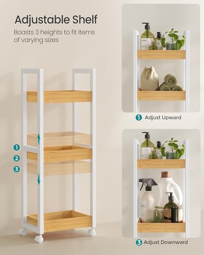 SONGMICS Bamboo Rolling Cart, 3-Tier Utility Cart on Wheels, Slim Narrow Storage Shelf, Bamboo Shelves, Space-Saving, Multifunctional, for Bathroom, Kitchen, White and Natural UBCB083N02 - color: White + Natural, size: 3 Tiers (7.9"D x 11.8"W), style: Wit