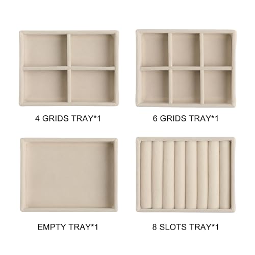 Frebeauty Small Jewelry Tray Set,Stackable Velvet Jewelry Organizer Tray,Mini Jewelry Drawer Organizer,Drawer Inserts,4.92 x 3.74 x 0.9 Inches,Earring Organizer for Women(Set 4,Beige) - color: Beige, size: Set 4
