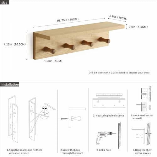 Entrance Coat Rack ，Coat Hooks, Wall-Mounted Wooden Hook Rack, Wall-Mounted Shelves(Oak Colored Finish—A-1) - style: Oak colored finish—A-1