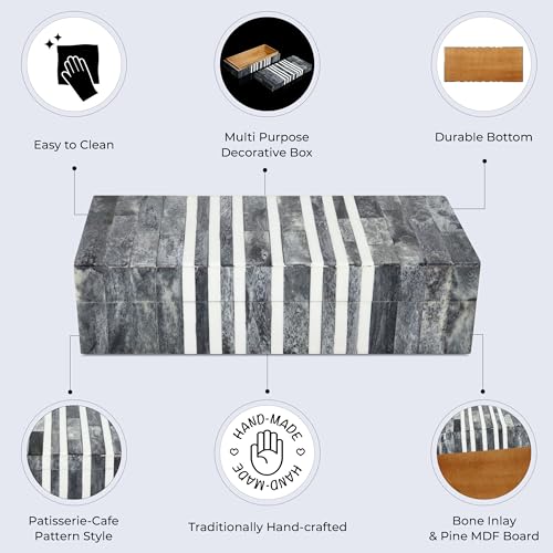 Handicrafts Home Decorative Storage Box with Lid, Patisserie Cafe Stripe Pattern Coffee Table Storage Box Organizer, Wooden Keepsake Jewelry Box, Kitchen Counter Console Box, Grey & White, 10x4.5x2.5 - color: PATISSERIE-CAFE, size: 10x4.5x2.5 Inch