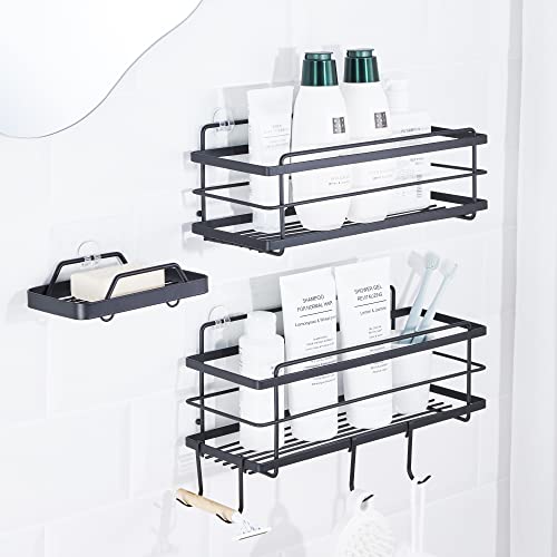 KINCMAX Premium Shower Caddy with Soap Holder, 2-Pack Adhesive Shower Organizer, No Drill Bathroom Shelves, Rustproof Stainless Steel Shelves for Inside, Shower Storage Rack, Matte Black - color: Matte Black + Soap Holder