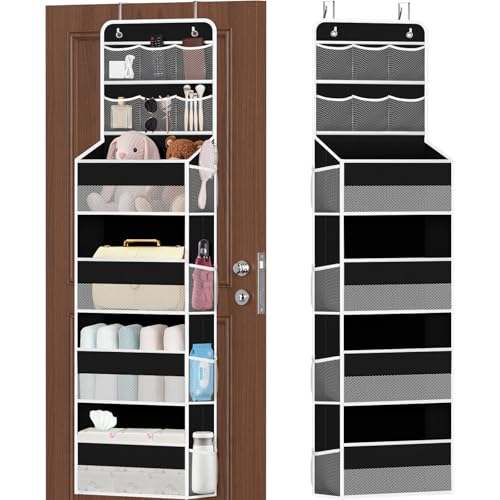SpaceHacks 6-Tier Over the Door Organizer with Mesh Pockets, Baby Nursery Storage for Closet, Bathroom and Bedroom, Adjustable Hanging Closet Organizer for Cosmetics, Books and Essentials (Black) - color: Black, size: 6-Tier