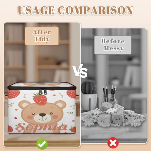 Custom Storage Basket with Name, Personalized Storage Bins with Zipper Lid, Foldable Fabric Storage Box Large capacity with Handle Bear Strawberry - color: Option 15