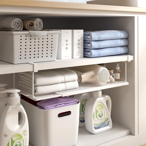 Expandable Under Cabinet Shelf, Extendable Under Shelf Storage with 0.94 Inches Thick Clips for Pantry Cabinet, Laundry Room, Shoe Rack.(White, 1 Pack, Interior: 3.66" H x 8.26" D) - color: White-3.66"h X 8.26"d-0.94" Thick Clip, size: 1 Pack