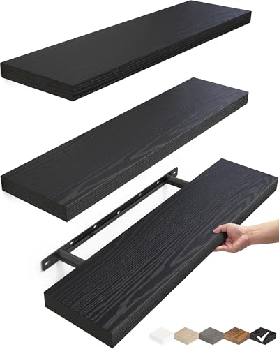 BAYKA Floating Shelves for Wall, Set of 3, 22.5 Inches Wall Mounted Rustic Wood Shelves for Bathroom, Bedroom, Living Room or Kitchen Decor, Storage for Books, Lego, Plants, Daily Necessities, Black - color: A. Black - Universal Classic Style, size: 22.5i