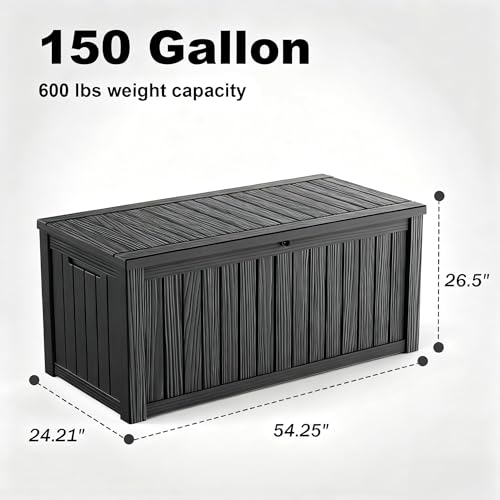 150 Gallon Large Outdoor Storage Box Waterproof, UV Resistant Resin Deck Box with Hydraulic Rod & Lockable Latch for Patio Furniture, Outside Storage Box for Garden Tools, Patio Cushions, Black - color: Black, size: 151 Gallon