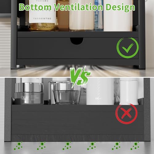 Kottwca 2-Tier Bathroom Counter Organizer with Drawer, Basket & Hooks, Wooden Vanity Shelf for Skincare, Perfume & Makeup Storage(Black) - color: Black