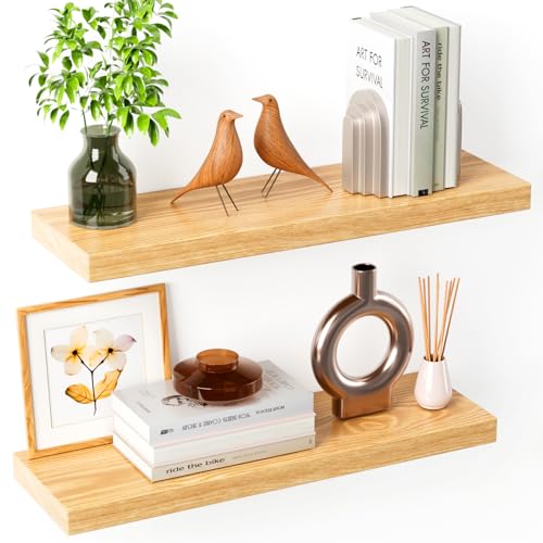 Floating Shelves for Wall Rustic Farmhouse 24 Inch Floating Shelf Wooden Shelves for Wall Pine Wood Shelf with Unique Natural Grain for Living Room Bedroom Kitchen (Raw Wood) - color: Raw Wood - Flat Edge, size: 24 inch - 2pcs